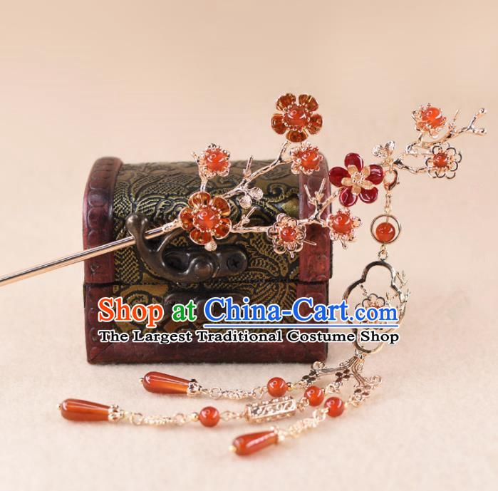 Chinese Handmade Palace Agate Plum Blossom Hairpins Ancient Princess Hanfu Hair Accessories Headwear for Women