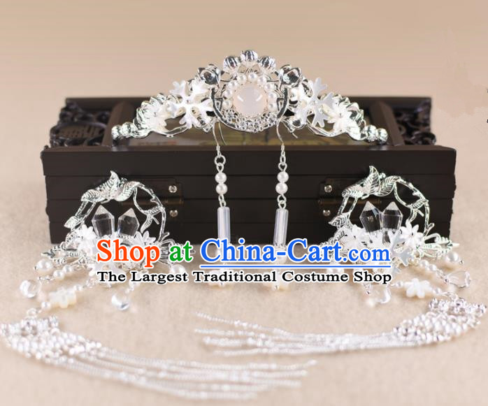 Chinese Handmade Palace Hair Crown Rose Chalcedony Hairpins Ancient Princess Hanfu Hair Accessories Headwear for Women