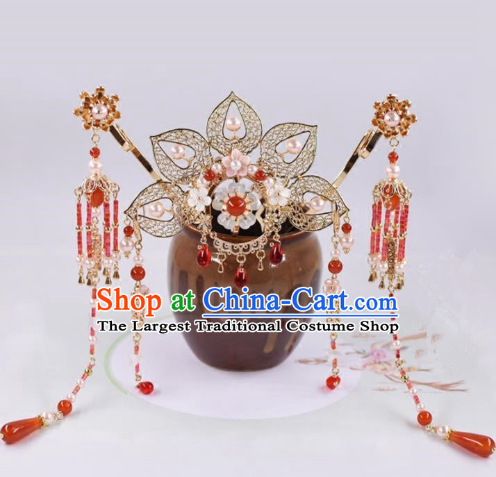 Chinese Handmade Palace Hairpins Agate Tassel Hair Crown Ancient Princess Hanfu Hair Accessories Headwear for Women
