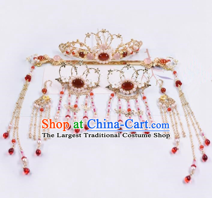 Chinese Handmade Palace Tassel Hairpins Rose Chalcedony Hair Crown Ancient Princess Hanfu Hair Accessories Headwear for Women