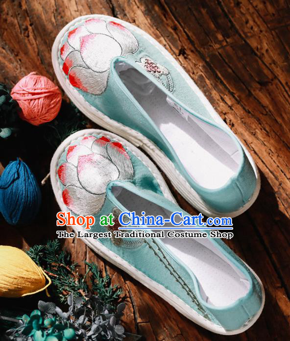 Chinese Handmade Green Cloth Shoes Traditional National Shoes Ancient Princess Embroidered Lotus Hanfu Shoes for Women