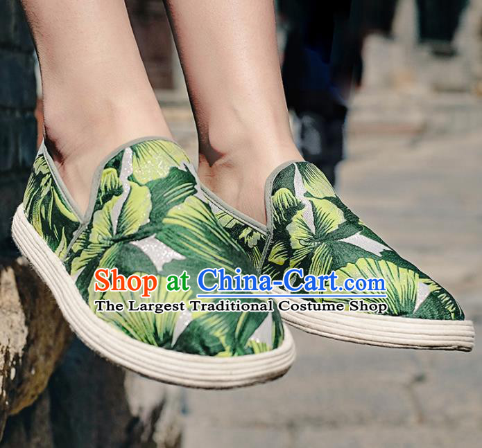 Chinese Handmade Printing Green Cloth Shoes Traditional National Shoes Ancient Hanfu Shoes for Women