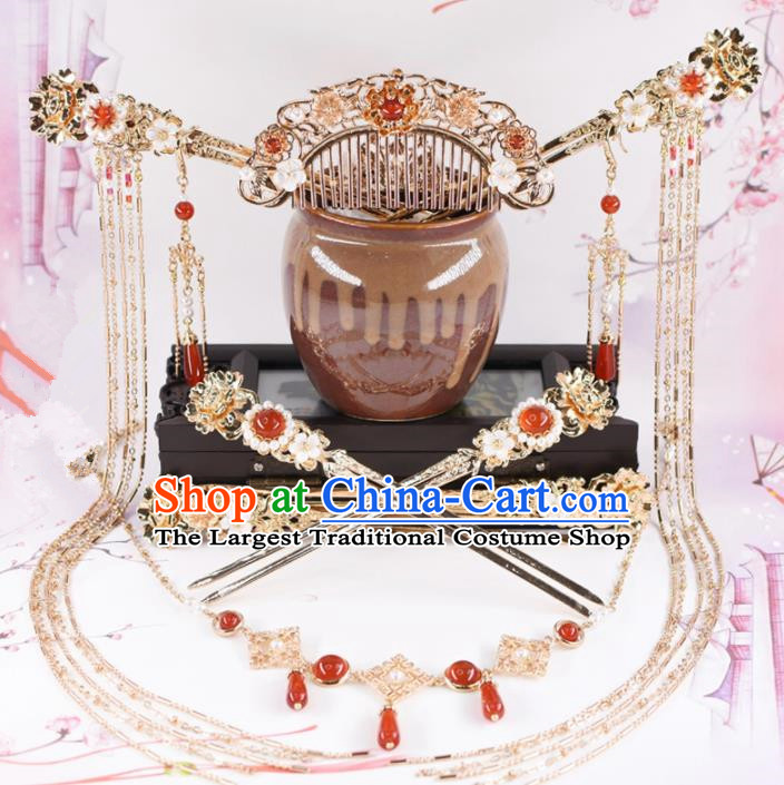 Chinese Handmade Palace Agate Hair Comb Hairpins Ancient Princess Hanfu Hair Accessories Headwear for Women