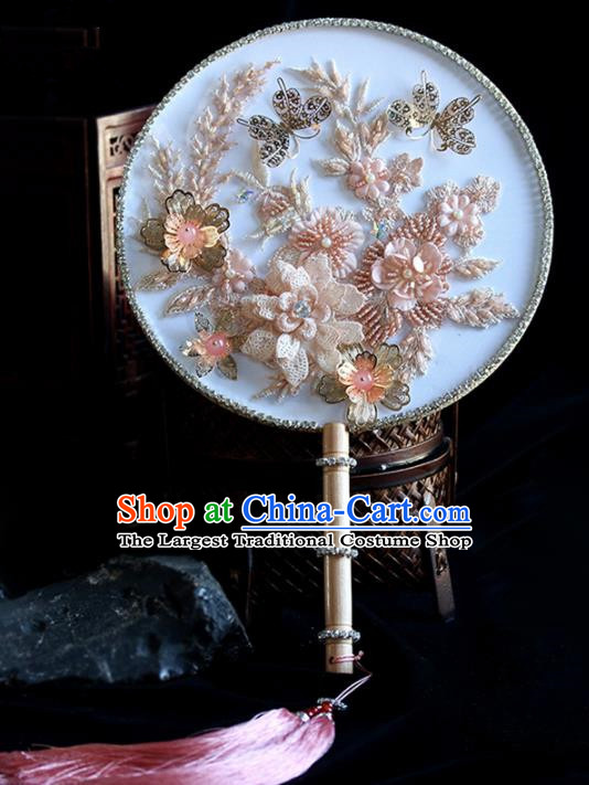 Chinese Traditional Wedding Pink Lace Round Fans Ancient Bride Palace Fan for Women