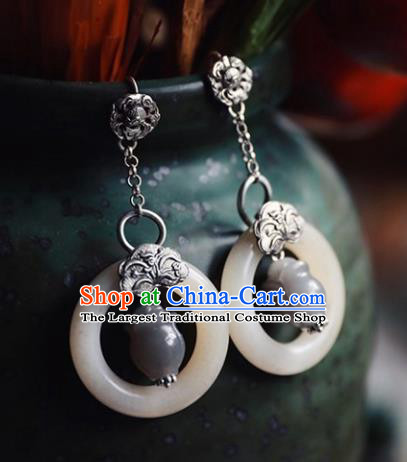 Handmade Chinese Classical Jade Ring Earrings Ancient Palace Hanfu Ear Accessories for Women