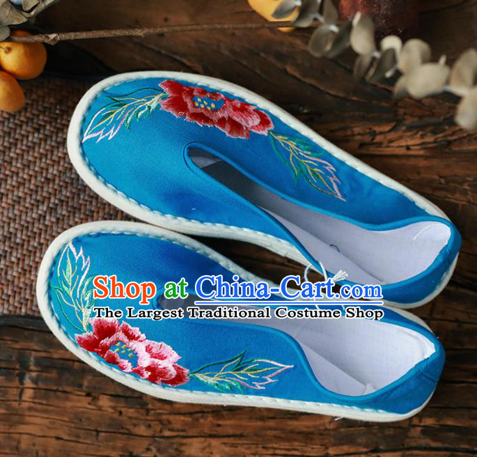 Chinese Handmade Embroidered Peony Blue Cloth Shoes Traditional National Shoes Ancient Princess Hanfu Shoes for Women