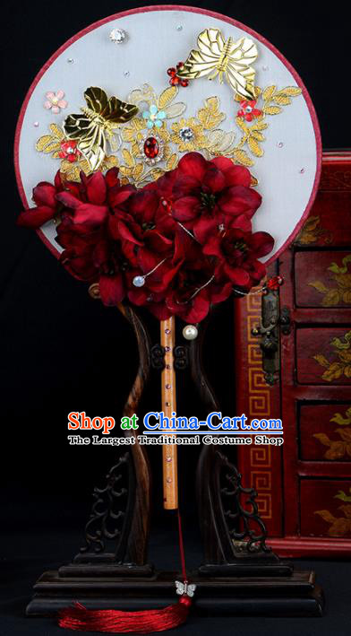 Chinese Traditional Wedding Red Flowers Round Fans Ancient Bride Palace Fan for Women