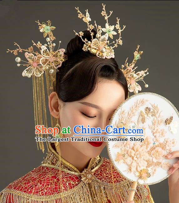 Chinese Handmade Palace Queen Pink Butterfly Phoenix Coronet Hairpins Ancient Hair Accessories Headwear for Women