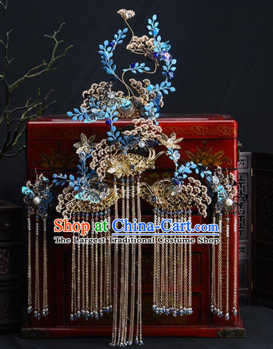 Chinese Handmade Palace Queen Cloisonne Leaf Phoenix Coronet Hairpins Ancient Hair Accessories Headwear for Women