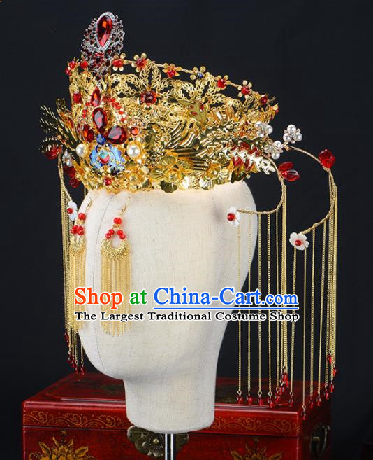 Chinese Handmade Palace Queen Red Crystal Phoenix Coronet Hairpins Ancient Hair Accessories Headwear for Women