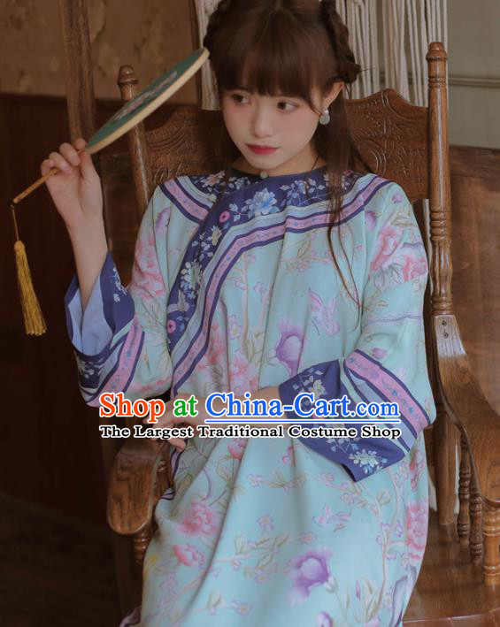 Chinese Classical National Printing Blue Cheongsam Traditional Tang Suit Qipao Dress for Women