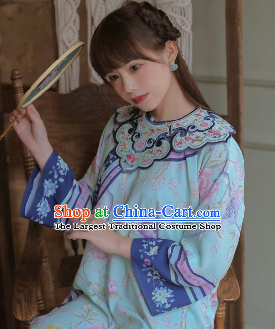 Chinese Classical National Printing Blue Cheongsam Traditional Tang Suit Qipao Dress for Women