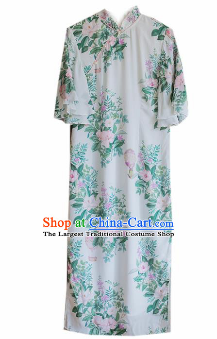 Chinese Classical National Printing Green Cheongsam Traditional Tang Suit Qipao Dress for Women