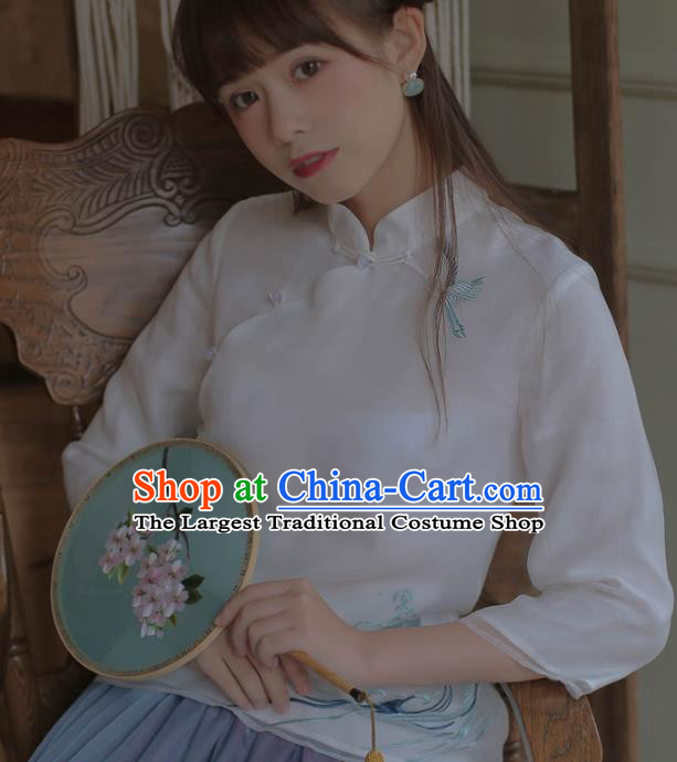 Chinese National Classical Embroidered White Silk Qipao Blouse Traditional Tang Suit Upper Outer Garment for Women