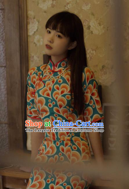 Chinese National Printing Blue Cheongsam Traditional Classical Tang Suit Qipao Dress for Women