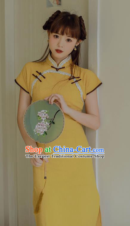 Chinese Classical National Yellow Linen Cheongsam Traditional Tang Suit Qipao Dress for Women