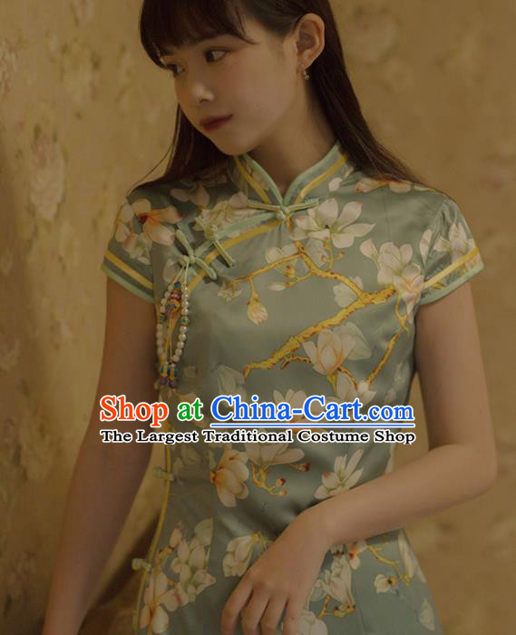 Chinese National Printing Mangnolia Green Cheongsam Traditional Classical Tang Suit Qipao Dress for Women