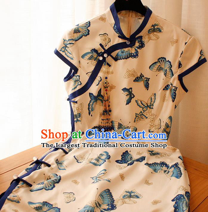 Chinese National Printing Butterfly White Cheongsam Traditional Classical Tang Suit Qipao Dress for Women
