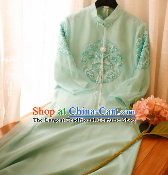 Chinese National Embroidered Green Cheongsam Traditional Classical Tang Suit Qipao Dress for Women