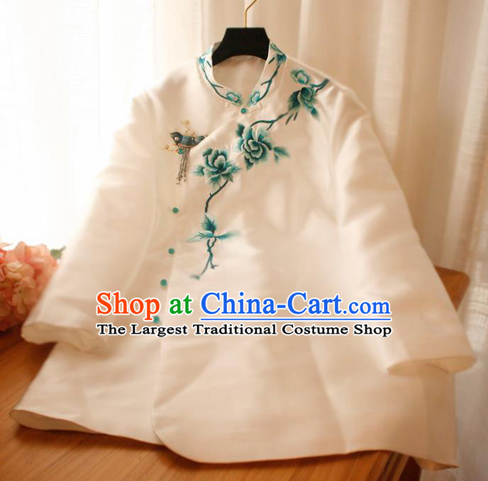 Chinese National Classical Embroidered Peony White Blouse Traditional Tang Suit Upper Outer Garment for Women