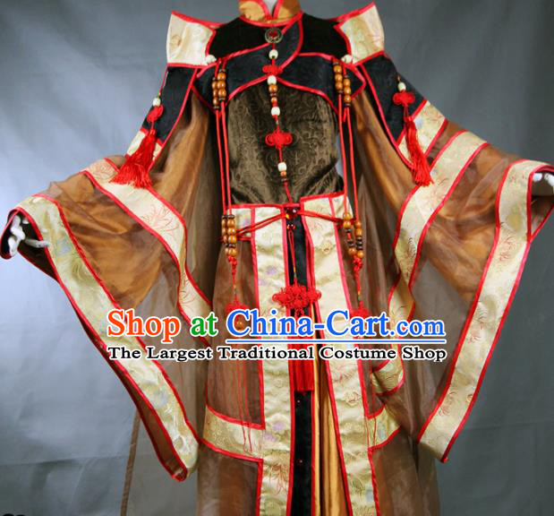Chinese Traditional Cosplay Royal Highness Brown Costume Ancient Swordsman Hanfu Clothing for Men