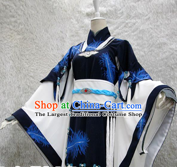 Chinese Traditional Cosplay Peri Costume Ancient Swordswoman Navy Hanfu Dress for Women