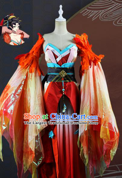 Chinese Traditional Cosplay Game Peri Costume Ancient Fairy Swordswoman Red Hanfu Dress for Women