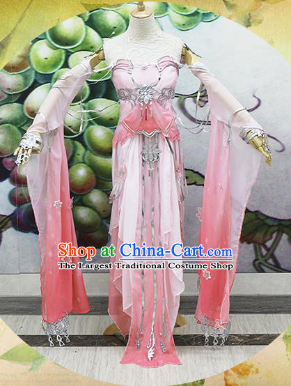 Chinese Traditional Cosplay Swordswoman Costume Ancient Peri Princess Pink Hanfu Dress for Women