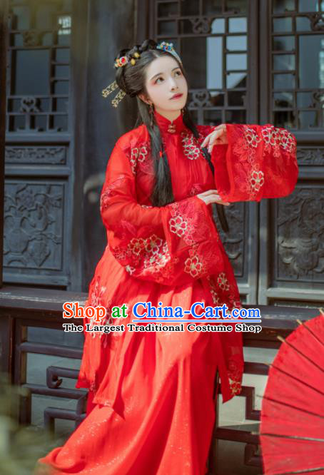 Chinese Traditional Ming Dynasty Wedding Costume Ancient Nobility Lady Red Hanfu Dress for Women
