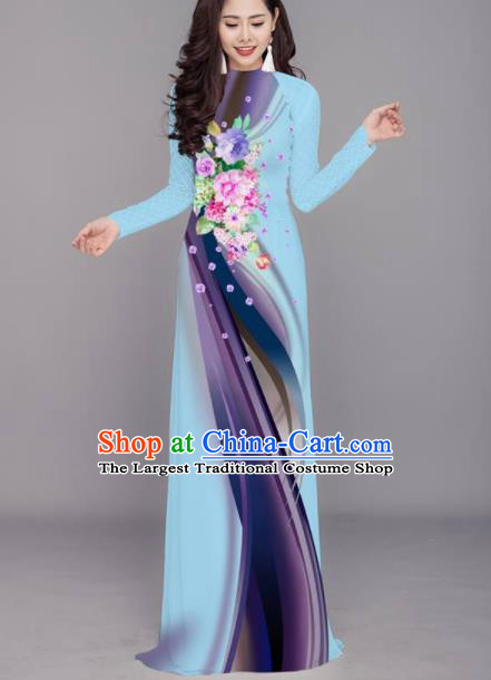 Vietnam Traditional Printing Flowers Blue Aodai Cheongsam Asian Costume Vietnamese Bride Classical Qipao Dress for Women
