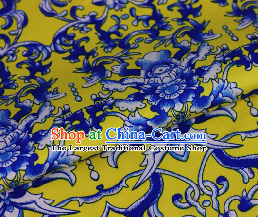 Chinese Traditional Fabric Cheongsam Printing Peony Pattern Yellow Brocade Material Hanfu Classical Satin Silk Fabric