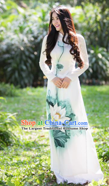 Vietnam Traditional Wedding Printing Lotus Aodai Cheongsam Asian Vietnamese Bride Classical Qipao Dress for Women