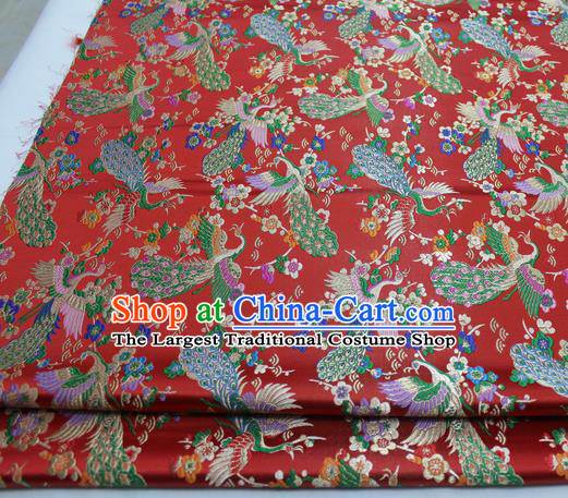 Chinese Traditional Tang Suit Royal Peacock Pattern Red Brocade Satin Fabric Material Classical Silk Fabric
