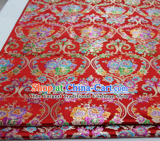 Asian Chinese Traditional Tang Suit Royal Peony Vase Pattern Red Brocade Satin Fabric Material Classical Silk Fabric