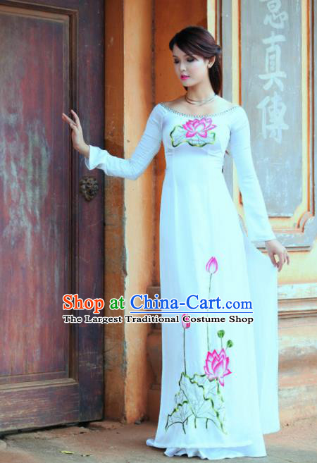 Vietnam Traditional Printing Lotus White Ao Dai Dress Asian Vietnamese Bride Classical Cheongsam for Women