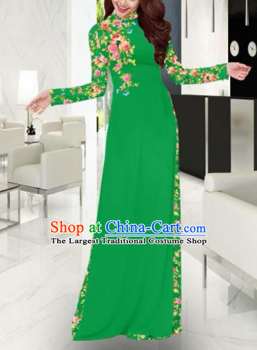 Vietnam Traditional Printing Green Ao Dai Dress Asian Vietnamese Bride Classical Cheongsam for Women