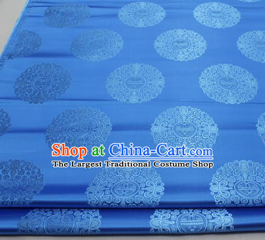 Asian Chinese Traditional Tang Suit Royal Round Pattern Blue Brocade Satin Fabric Material Classical Silk Fabric
