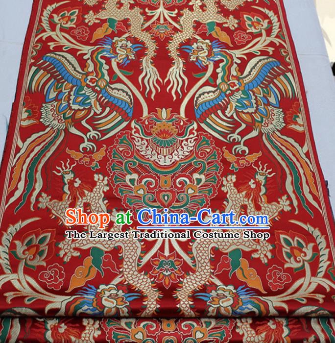 Asian Chinese Traditional Tang Suit Royal Dragon Phoenix Pattern Red Brocade Satin Fabric Material Classical Silk Fabric
