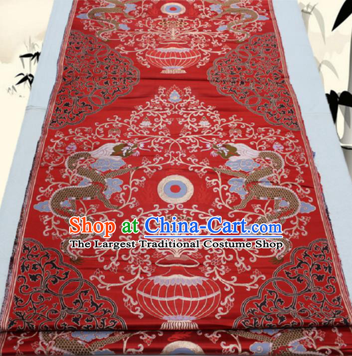 Asian Chinese Traditional Tang Suit Royal Double Dragons Pattern Red Brocade Satin Fabric Material Classical Silk Fabric