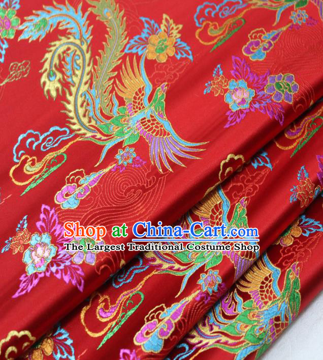 Asian Chinese Traditional Classical Phoenix Peony Pattern Red Brocade Tang Suit Satin Fabric Material Classical Silk Fabric