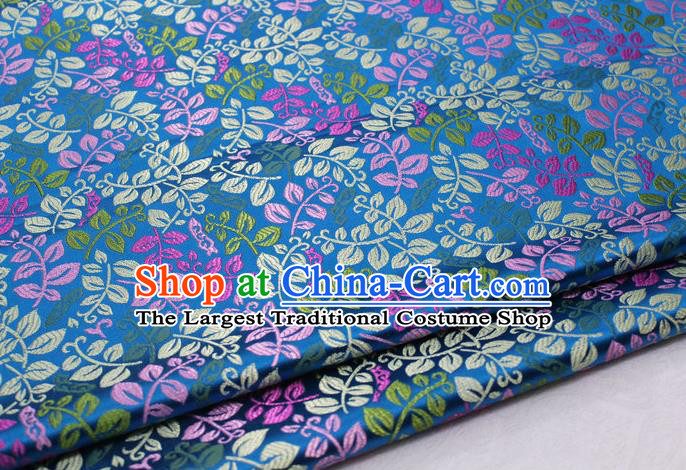 Asian Chinese Traditional Classical Leaf Pattern Blue Brocade Tang Suit Satin Fabric Material Classical Silk Fabric