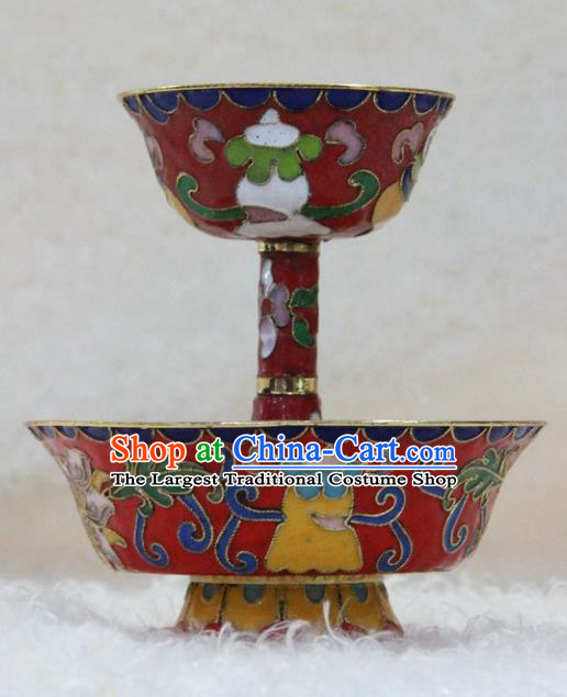 Chinese Traditional Buddhism Red Cloisonne Cup Feng Shui Items Vajrayana Buddhist Decoration