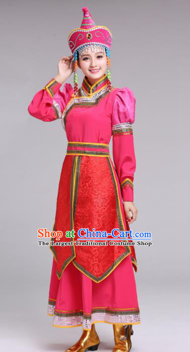Chinese Mongolian Ethnic Folk Dance Rosy Dress Traditional Mongol Nationality Princess Costume for Women