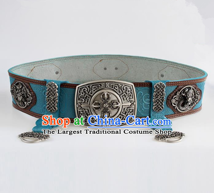 Chinese Mongolian Ethnic Waist Accessories Traditional Mongol Nationality Blue Leather Belts for Men