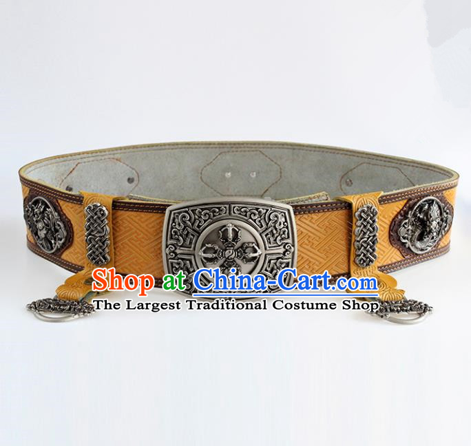 Chinese Mongolian Ethnic Waist Accessories Traditional Mongol Nationality Yellow Leather Belts for Men