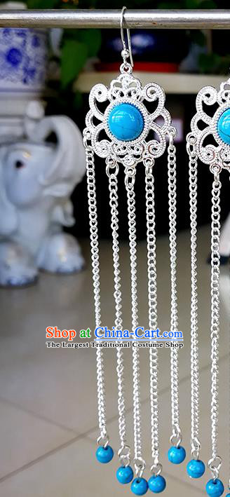 Chinese Mongolian Ethnic Blue Beads Ear Accessories Traditional Mongol Nationality Earrings for Women