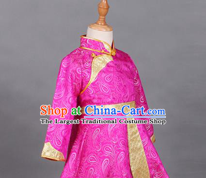 Chinese Ethnic Costume Rosy Mongolian Dress Traditional Mongol Nationality Folk Dance Clothing for Kids