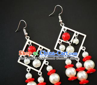 Traditional Chinese Mongolian Ethnic White Beads Ear Accessories Mongol Nationality Folk Dance Earrings for Women