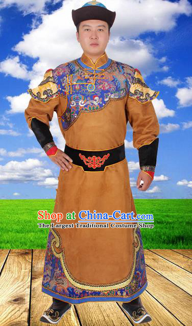 Chinese Ethnic Prince Costume Brown Suede Fabric Mongolian Robe Traditional Mongol Nationality Folk Dance Clothing for Men