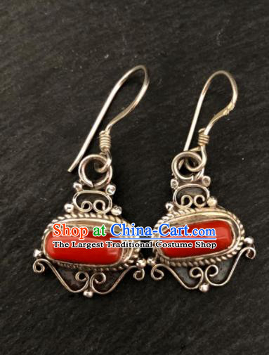 Traditional Chinese Mongol Nationality Red Stone Ear Accessories Mongolian Ethnic Sliver Earrings for Women
